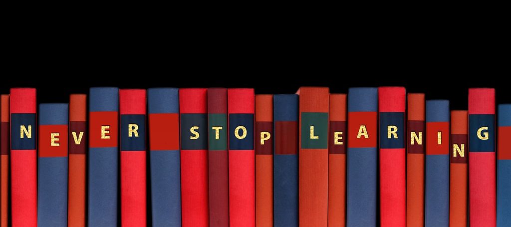A row of books with linen covers in shades of red and blue. The spine of each book has a golden letter that spells out 'never stop learning'.
