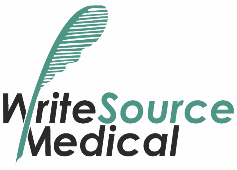WriteSource Medical text logo with green quill